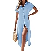 Uvog Swimsuit Coverup for Women Long Button Down Short Sleeve Split Bathing Suit Swim Cover Up Beach Vacation Dress