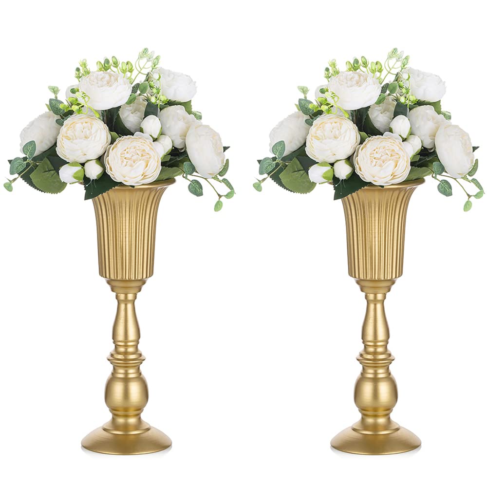 Photo 1 of Nuptio Pcs of 2 Metal Trumpet Vase Elegant Wedding Centerpieces Vase for Party Decoration, 31.9cm/12.56" Tall Artificial Flower Arrangements for Anniversary Ceremony Gold
