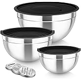 TeamFar Mixing Bowls, Stainless Steel Nesting Salad Bowls with Lids Set of 3 & 3 Grater Attachments, For Mixing/Serving/Storing, Non-toxic & Long-lasting, Size 4.6/3 / 1.5 QT, Black