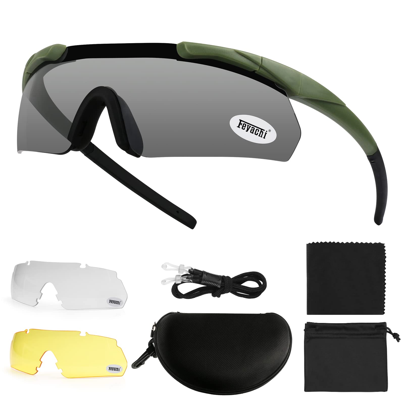 Feyachi Safety Glasses, Tactical Shooting Glasses with 3 Interchangeable Lens, Safety Sunglasses, Clear Cycling Glasses, Eye Protection Impact Resistant for Work, Hunting, Fishing, Cycling