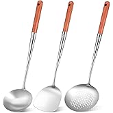 Wok Spatula and Ladle Stainless Steel, 3 PCS 17 Inches 304 Stainless Steel Spatula, Wok Ladle and Skimmer, Dishwasher Safe Cooking Utensils Kitchen Tool Set