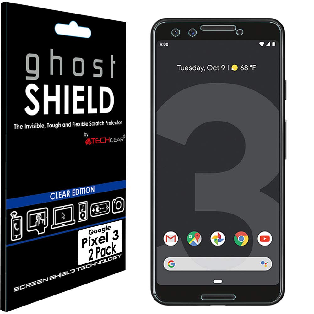 TECHGEAR [2 Pack] Screen Protectors for Pixel 3 (5.5") [ghostSHIELD Edition] Genuine Reinforced Flexible TPU Screen Protector Guard Covers with Full Screen Coverage inc Curved Screen