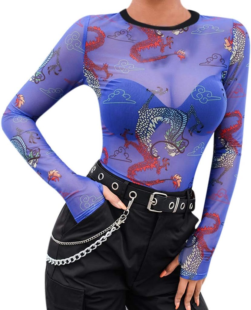 Yanvan Women Long Sleeve Shirt for Women, Fashion Mesh Perspective Dragon Pattern Print Thumb Button Tops