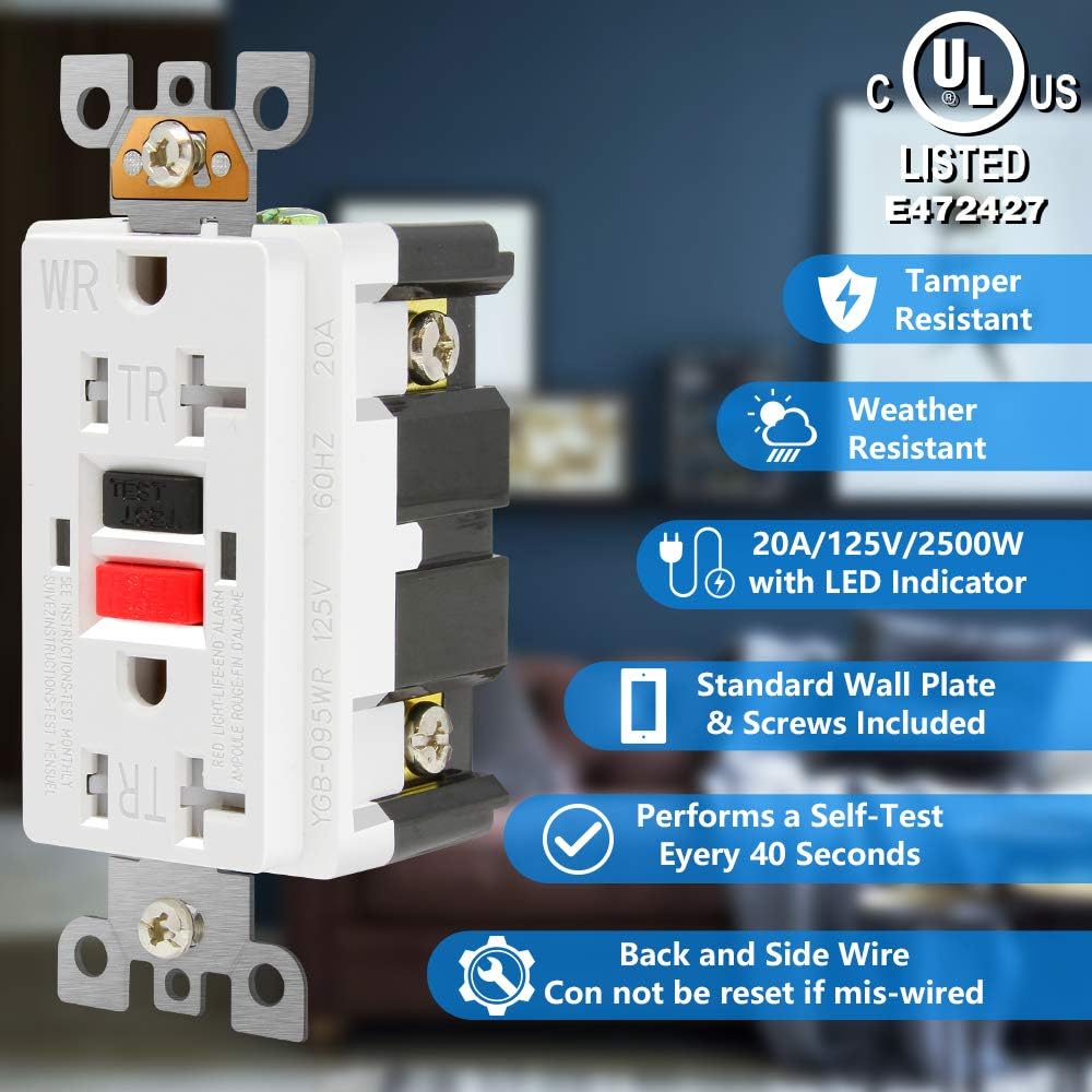 GFCI Outlet 20 Amp, UL Listed, Tamper-Resistant, Weather Resistant Receptacle Indoor or Outdoor Use, LED Indicator with Decor Wall Plates and Screws (White) - - 