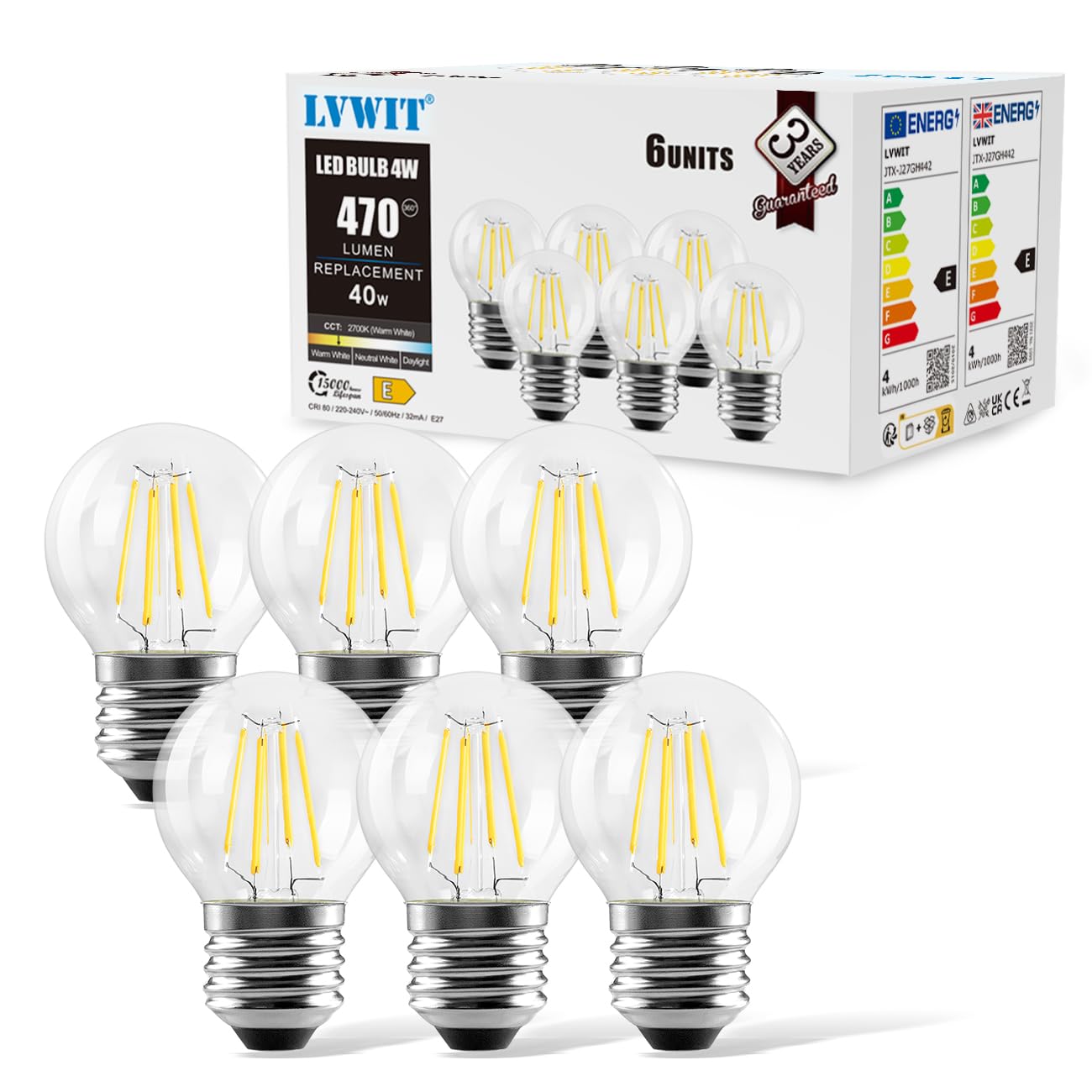 LVWIT 4W G45 E27 LED Filament Golfball Bulb, 6 Pack, 470Lm 40W Replacement, Non-dimmable, Warm White 2700K 80Ra, LED Vintage Glass Mini Globe Bulb