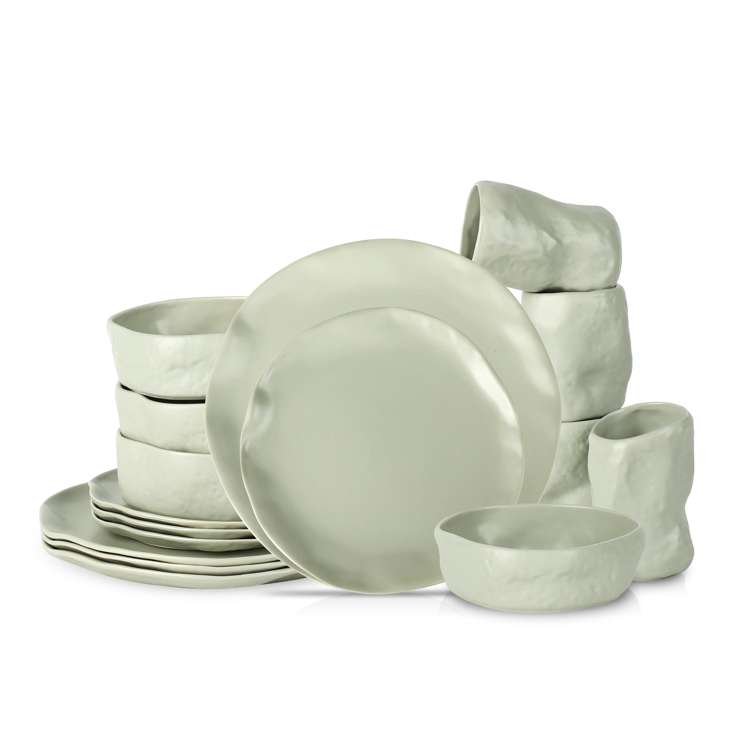 Stone by Mercer Project Atik Modern Stoneware 16-Piece Dinnerware Set, Plate and Bowl Set, Dish set for 4, Sage-Grey