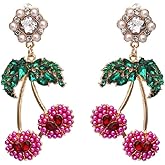 Tropical Cherry Earrings for Women, Cute Fruit Cherry Earrings, Beaded Pearl Green Leaf cherry Dangle Earring Hypoallergenic