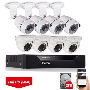 Tonton 8CH Full HD 1080P Security Camera System, 5-in-1 Surveillance Video Recorder with 4PCS Outdoor Indoor Bullet Cameras and 4PCS Dome Cameras, Face Recognition and Night Vision(2TB HDD Included)