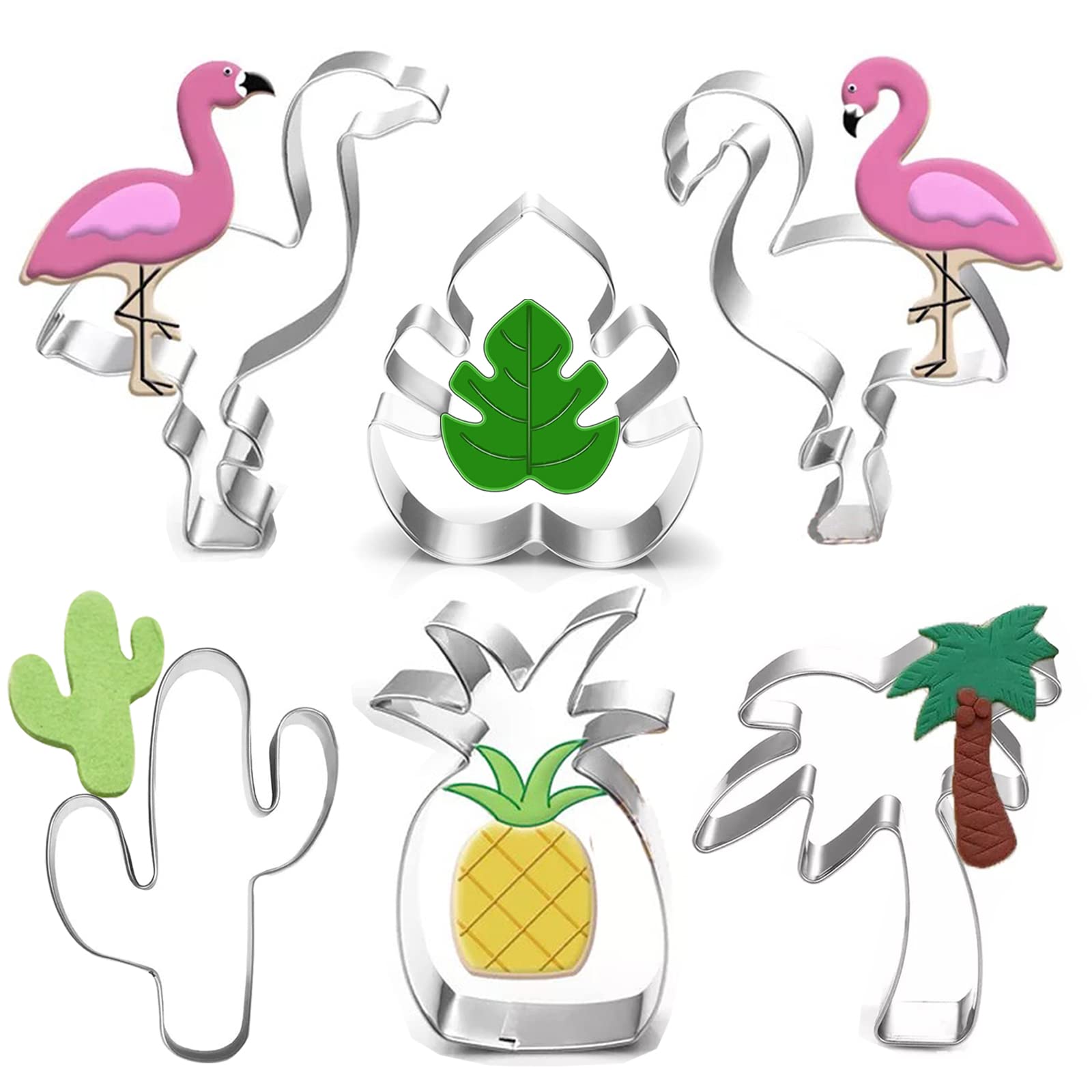 LUBTOSMN Hawaiian Cookie Cutter Set - 6 Piece: Cactus, Pineapple, Flamingo, Monstera Leaf, Palm Tree - Tropical Cookie Cutters for Summer Parties
