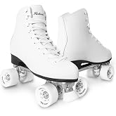 Roller Skates for Women or Men Indoor Outdoor Black White Derby Skate | Adjustable Fast Braking for Beginner with PU Leather High-top Double Row Unisex-Adult Rollerskates Aluminum Alloy Frame