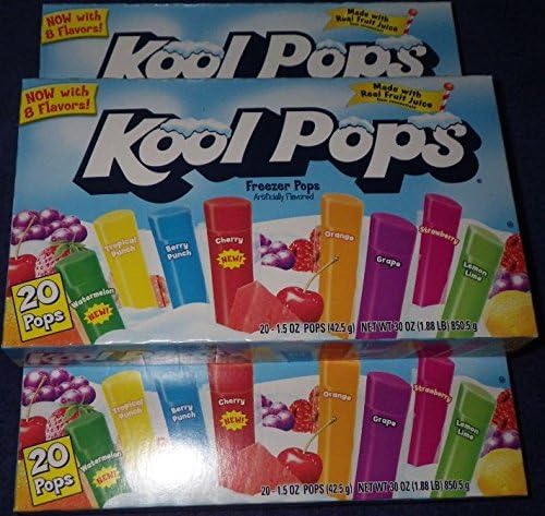 Kool Pops Freezer Bars Assorted Box of 20 - 1.5 Oz Pops (3 Pack) - 60 Pops Total.