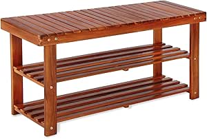 Deuba Banco Zapatero multifunción de madera de acacia Organizador de zapatos rústico con 2 estantes y asiento 90x32x46cm