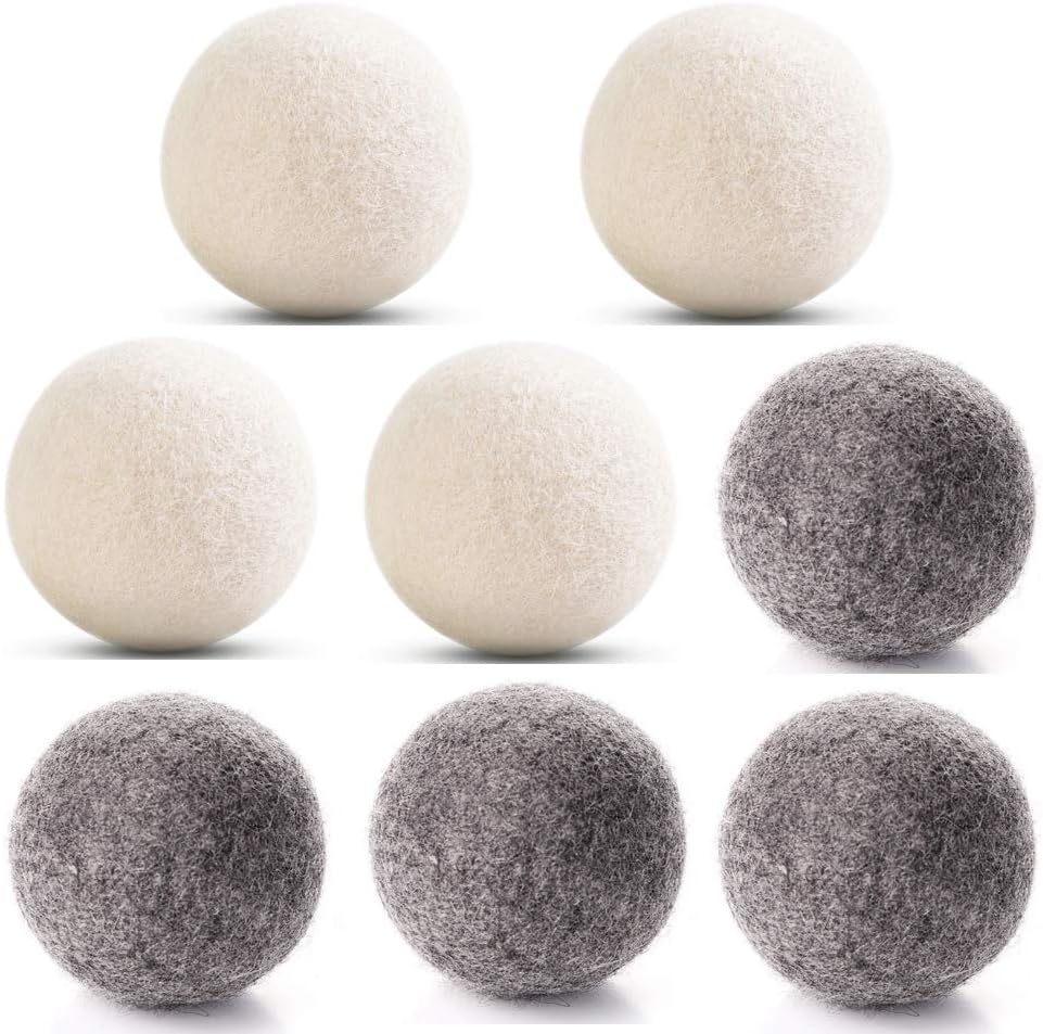 Wool Dryer Balls 4 Gray and 4 White Wool Felt Ball, 100% Natural Fabric Softener Laundry Dryer Ball Ecofriendly & Organic & Reusable (2.75inch)