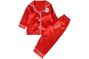 Ikevan Kids Satin Christmas Clothing Set Boys Girls Silk Button Up Pants Sets Cute Xmas Graphic 2 Piece Outfits