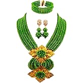 aczuv Fashion African Bead Necklace Nigerian Beads Wedding Jewelry Sets for Women (Opaque Olive Green)
