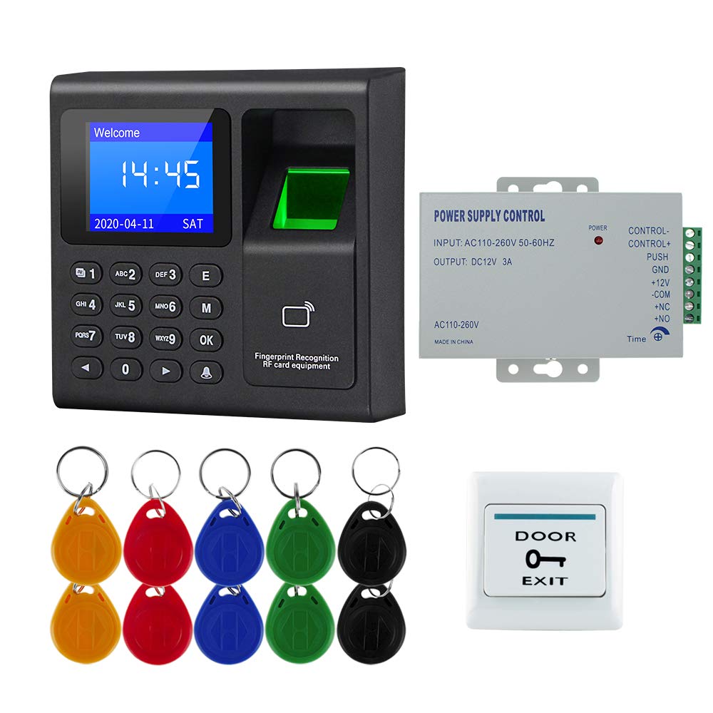 FTSTech Card Password Fingerprint RFID Door Access Control System Kit, Home Security Proximity Door Entry Keypad,10 Key Fobs,EXIT Button, (without Lock)