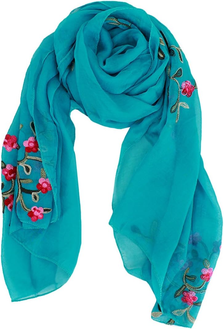MeliyaFashion Lady Women Long Scarf Ultra-thin Floral Embroidery Sheer Chiffon Shawl Wrap Sunscreen (10#Lake Blue)
