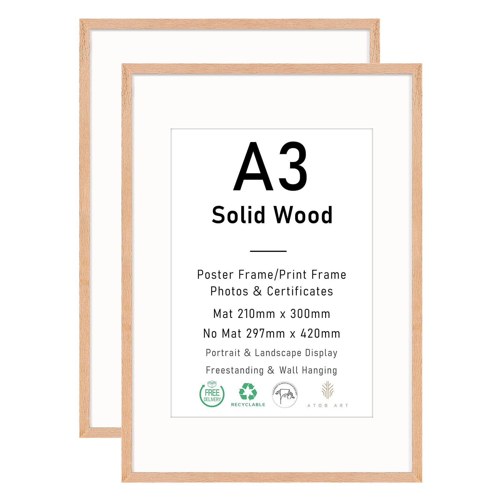 A3 Certificate Picture Frame, OAK Wood Photo Frame with mount for A4 print, Poster Frame with plexiglass for Wall Mount Display, 29.7x42 cm, Set of 2 — image 1