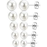 Jewelrieshop Faux Pearl Stud Earrings 5 Pairs, Stainless Steel Hypoallergenic Starter Set for Women