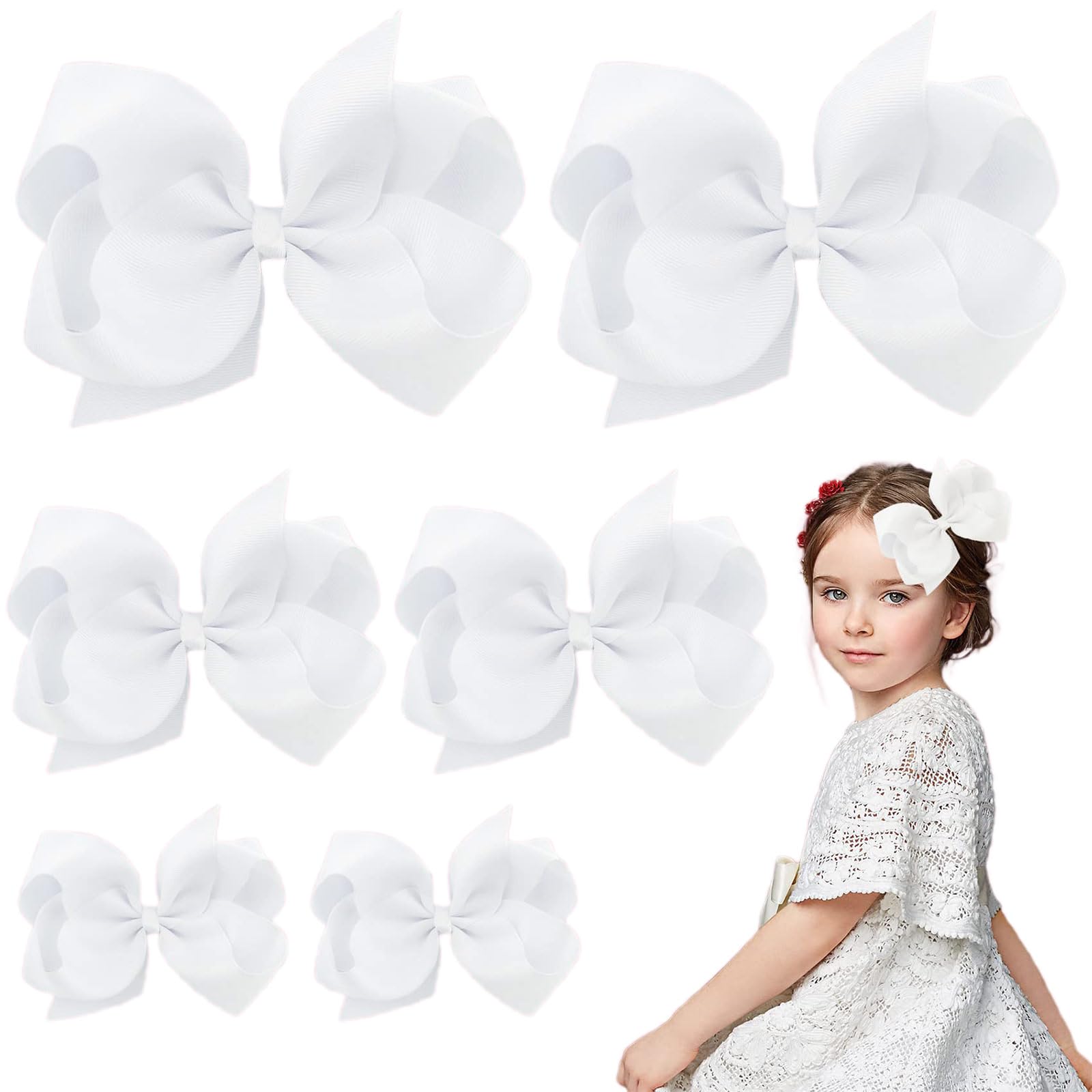 6 Pack Hairs Bow Clips, hair bow white,3 Sizes White Bow for Girls, White Bows for Hair School Hair Accessories(6 inch, 4 inch, 3 inch)