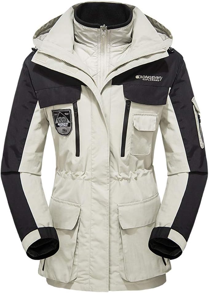 Womens 3 in 1 Waterproof Jacket Unisex Winter Fleece Ski Jacket with Removable Hood Ladies Raincoat Climbing Camping