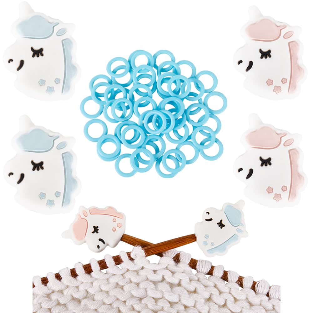 SUNNYCLUE 1 Box 54Pcs Knitting Stoppers Stitch Stopper Cute Blue Pink Unicorn Silicone Needle Point Protectors with Plastic Locking Crocheting Markers Rings for Quilting Knitting Needles End capss