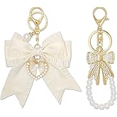 UDPP 2Pcs Cherry Keychain & Pearl Bow Keychain, Sparkly Bowknot Purse Charm Flower Key Chain for Handbags Backpacks Keys