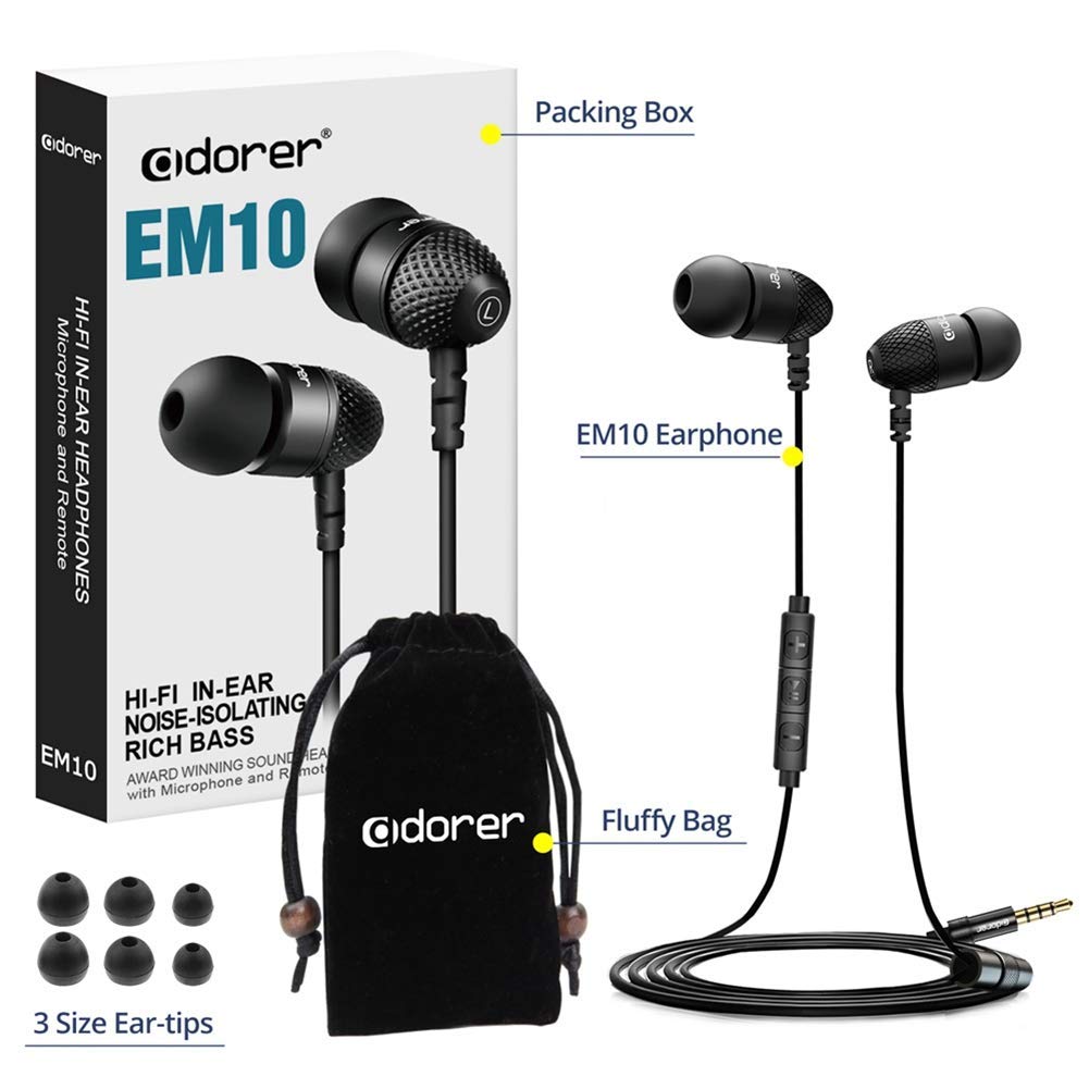 Wired Earphones, Adorer EM10 Powerful Bass in Ear Headphones with Microphone and Volume Control, Noise Isolating Earbuds - Black