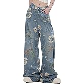kakarin choyx Women's Fashion High Waist Wide Leg Denim Pants Casual Y2K Streetwear Vintage Flowers Printed Baggy Jeans