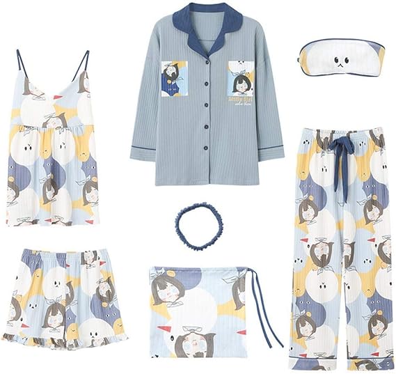 Amazon ルームウェア レディース パジャマ 寝巻き 綿 7点セット 部屋着 可愛い 長袖 前開き 半袖 上下セット キャミソール ロングパンツ ショートパンツ 冬 秋 春 夏 パジャマ ルームウェアセット 通販
