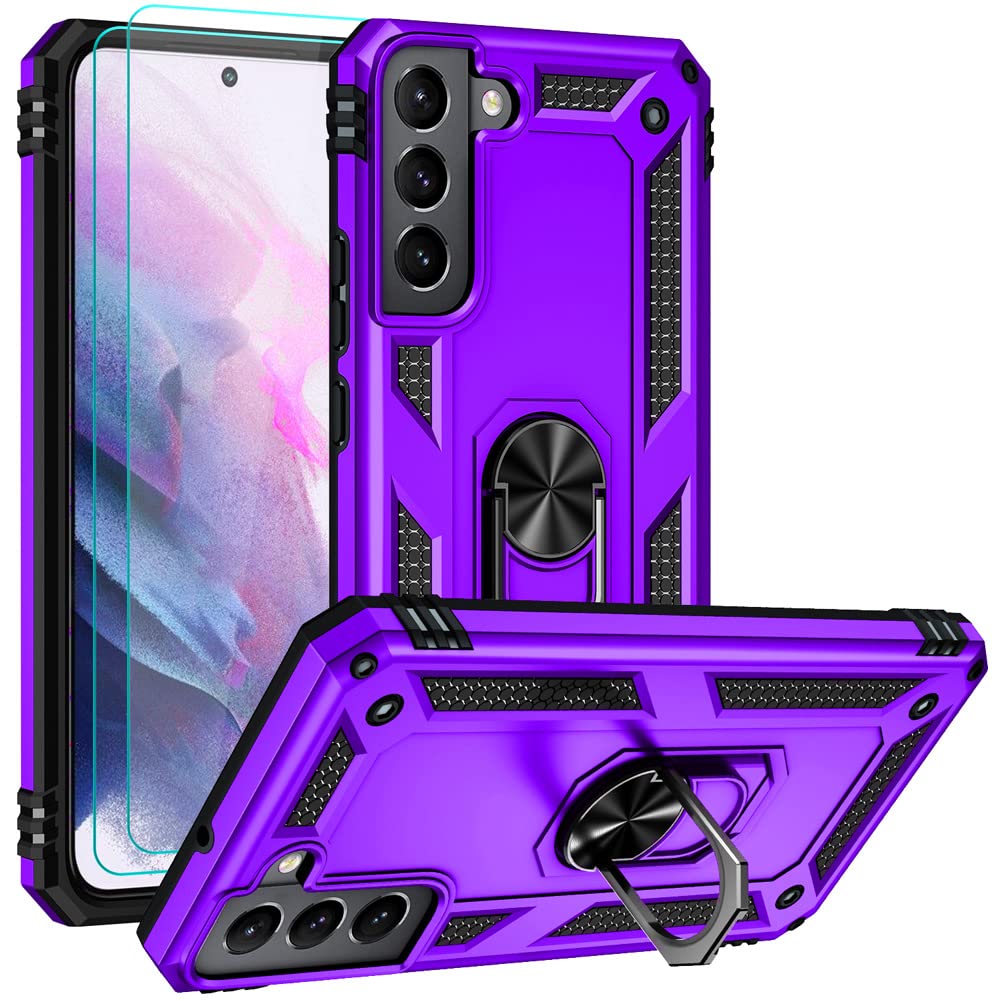 Androgate for Samsung S22 Case, Galaxy S22 Case with HD Screen Protectors, Military-Grade Metal Ring Holder Kickstand 15ft Drop Tested Shockproof Cover Case for Samsung Galaxy S22 Purple