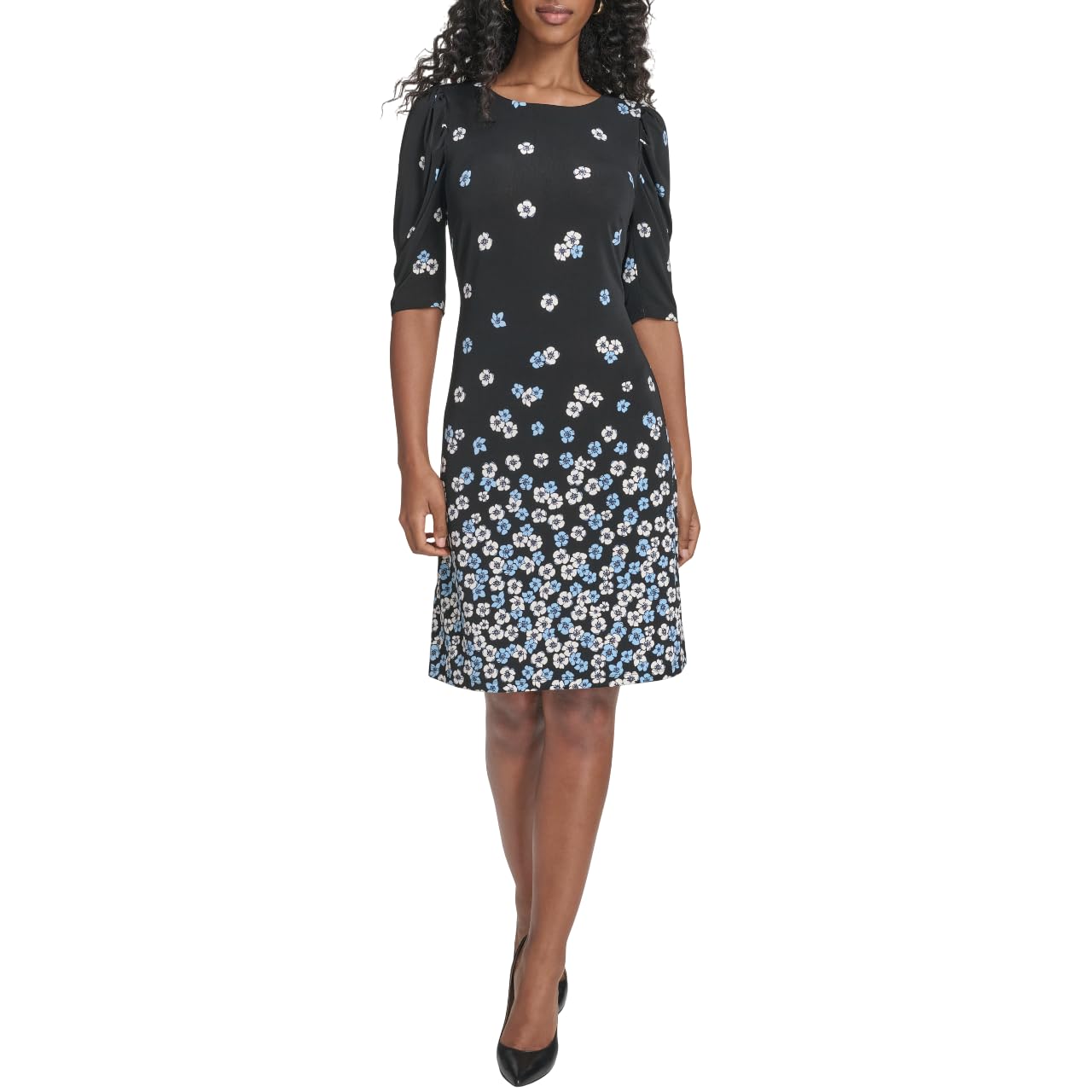 Tommy Hilfiger Women’s 1/2 Sleeve Boat Neck Cotton Shift Mini Dress, Black/Breeze, 8