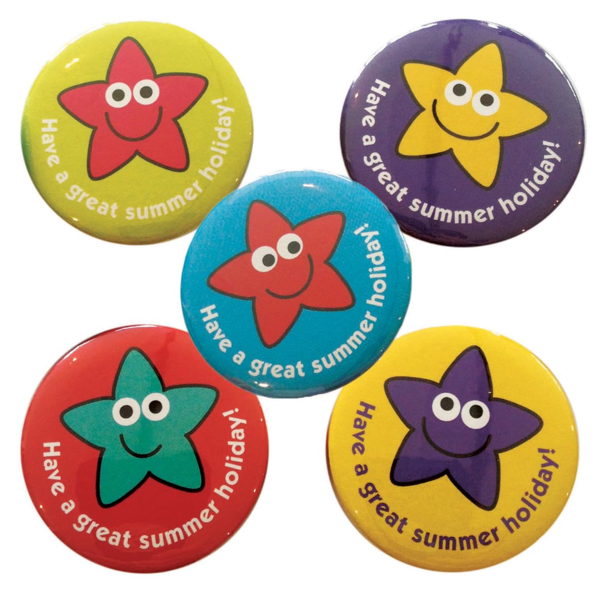 Sticker Factory End of Year pin badges: 'Have a great summer holiday!'. Pack of 40 x 38mm badges.