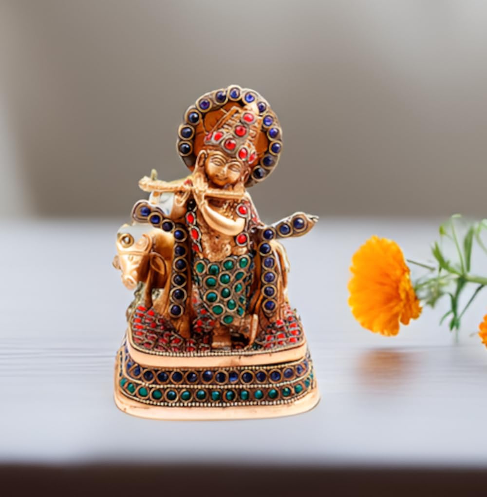 Purpledip Brass Statue Lord Krishna & Cow: Rare Idol with Glittering Semi-precious Stones | Collectible Decor Gift (11450)