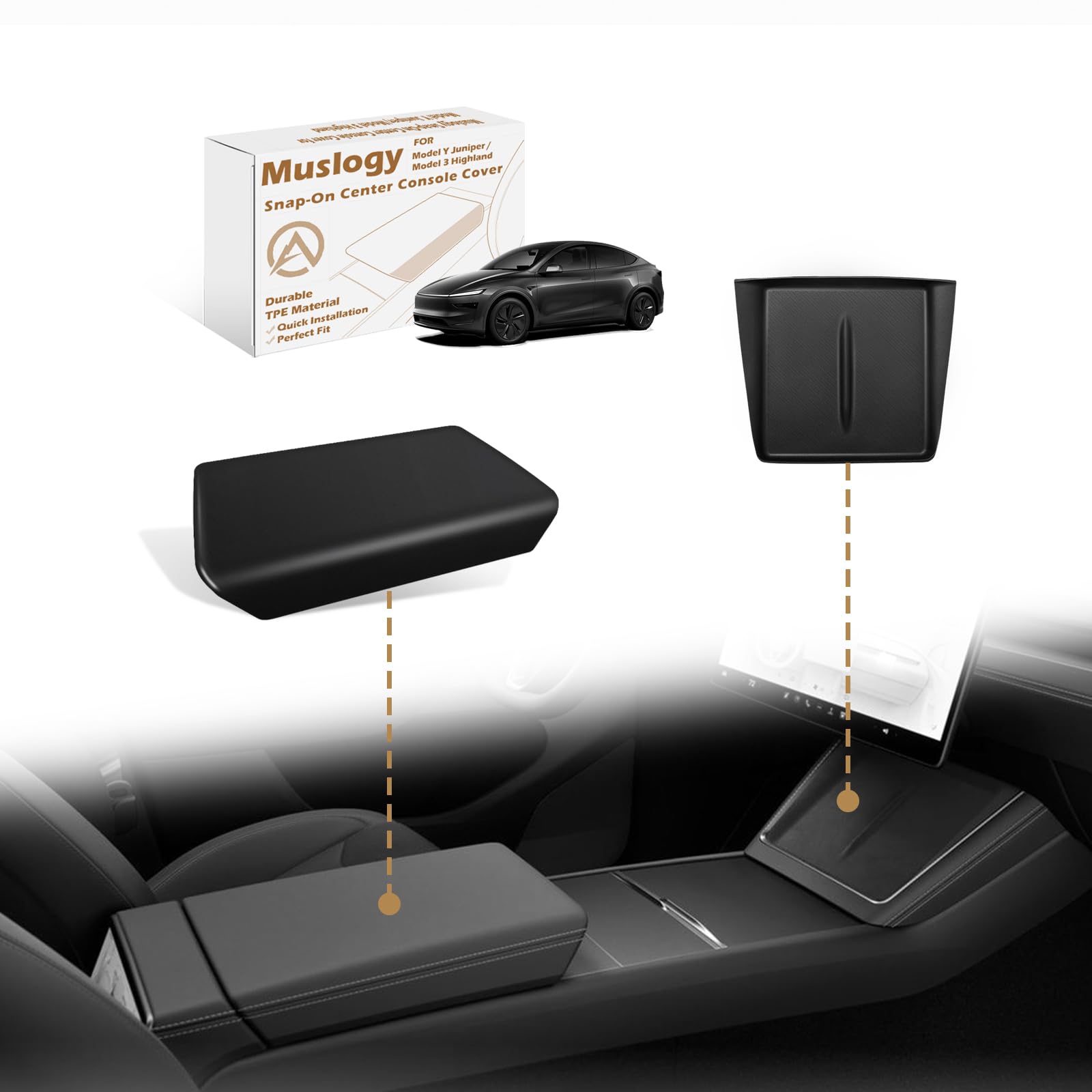 Muslogy Compatible with 2026+ Model Y Juniper Refresh Accessories Armrest Cover Protection TPE (Black) & Silicone Mat OEM Style 2PCS Set Non-Slip Waterproof Designed with EZ Snap On Image