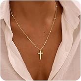 De Amo Sara Cross Necklace for Women, Dainty 14K Gold Plated Cross Pendant Simple Long Necklaces for Women, Christian Faith Necklace Trendy Gold Jewelry Gifts for Easter