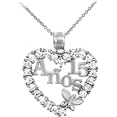 Sterling Silver Sweet 15 Anos Quinceanera Necklace with Cubic Zirconia Heart with Butterfly