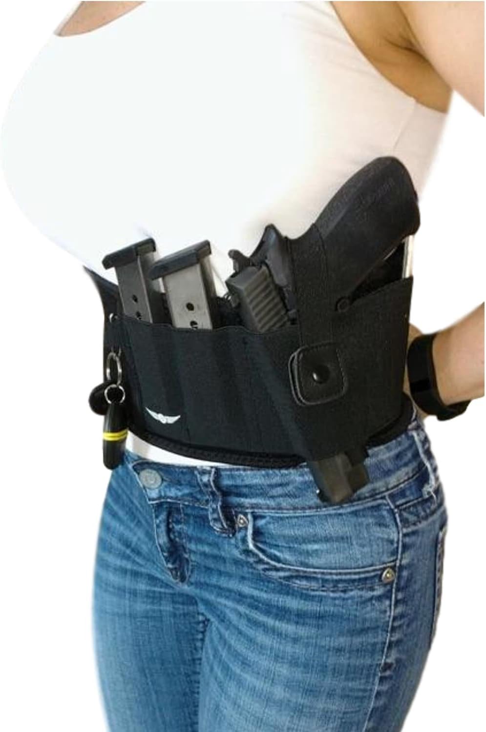 Belly Band Holster with Three Additional Pockets for Two Magazines, Cell Phone or ID and the only Belly Band with a Key-ring Holder - Adjustable Soft Neoprene Concealed Carry for Men and Women