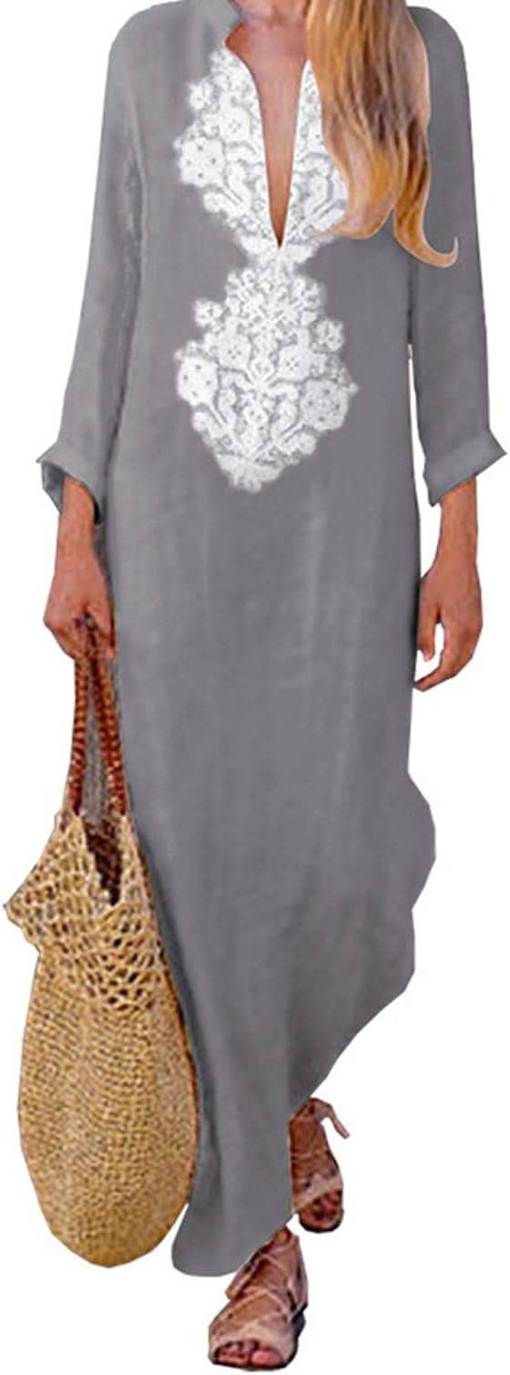 Women's Floral Printed Cotton Linen Long Sleeve Solid Loose V Neckline Boho Long Dress Kaftan Casual Dress