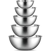 Domensi Stainless Steel Mixing Bowls Set - 5 Polished Mirror Nesting Bowls | 1.25, 2.75, 4.25, 6.25, 8 Quart, Thickened Mater