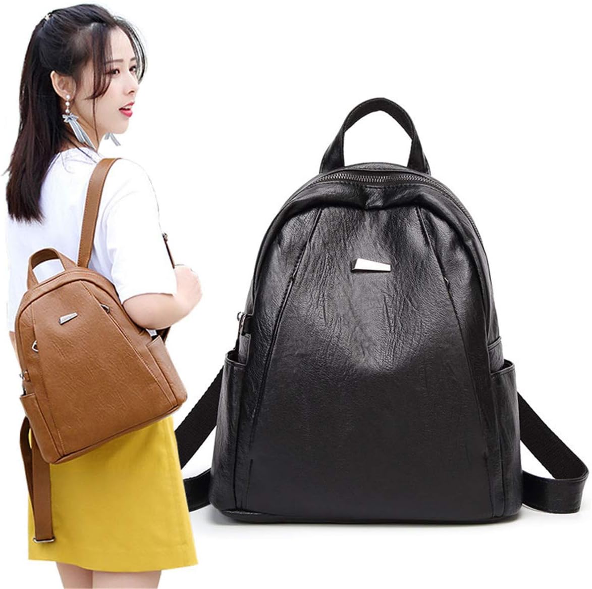 Backpack Female Casual Versatile Shoulder Bag Soft Leather Simple Large-Capacity Travel Bag - Caramel Color, Black