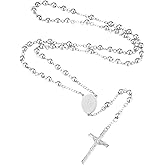 MeMeDIY Custom Rosary Necklace for Women Men Christian Virgin Mary Pendant with Crucifix Engraved Picture Text Stainless Steel Rosary Catholic Necklace Circle Chain Prayer Beads