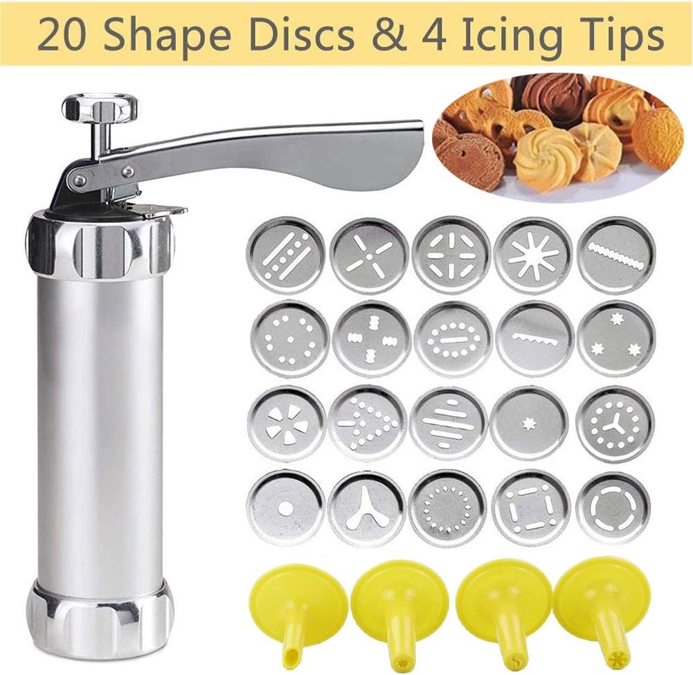Wilove Cookie Press Gun Kit for DIY Biscuit Maker and Decoration with 20 Stainless Steel Cookie discs and 4 nozzles,Silver