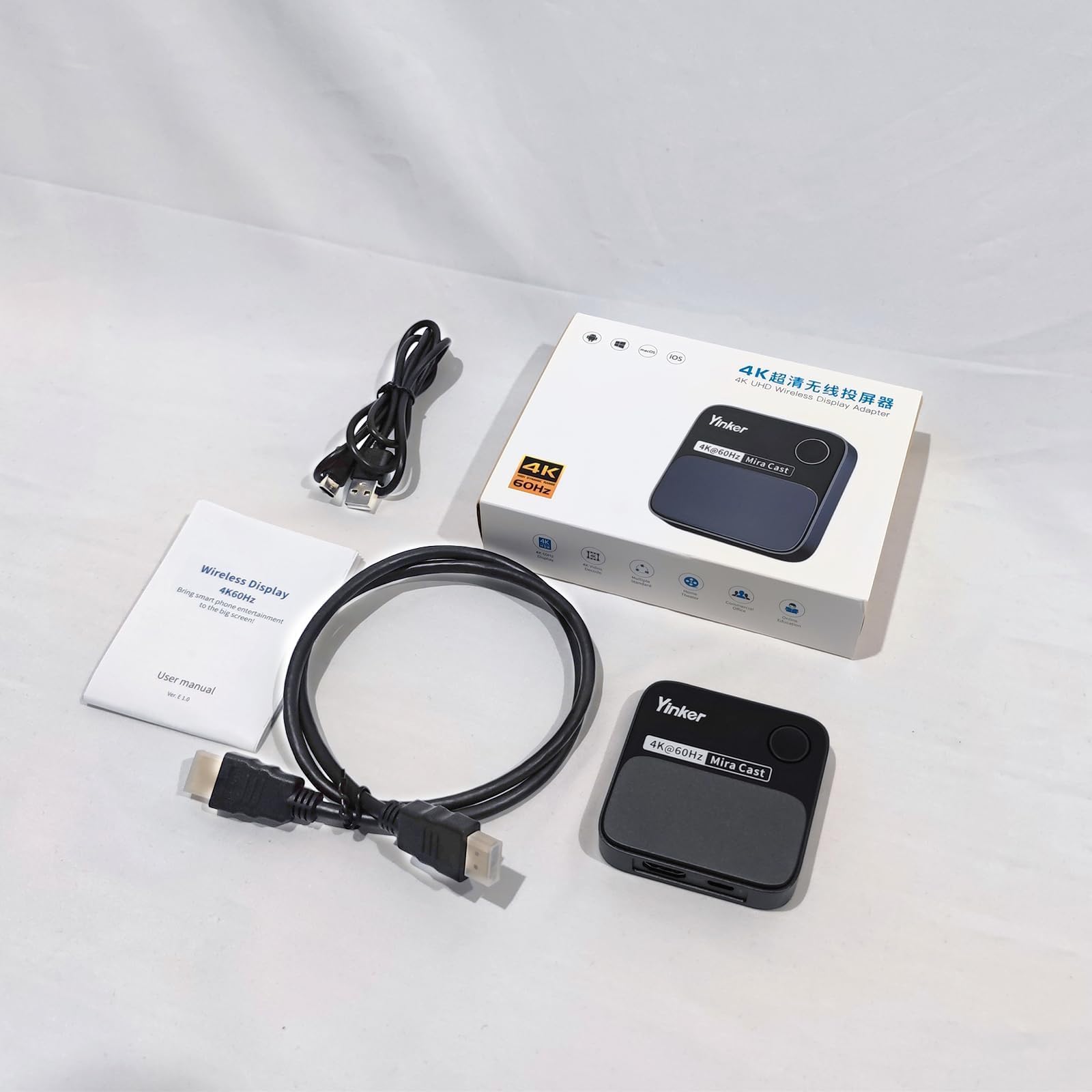 Yinker 4K60Hz HDMI Wireless Display Dongle Adapter, 2.4G/5G Miracast Screen Mirroring Receiver Adapter for iOS, MacOS, Android, Windows, Compatible Miracast, Airplay, DLNA - Landscape or Portrait