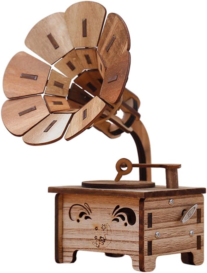 KingbeefLIU Antique Wooden Hand Crank Phonograph Music Box Ornament Children Birthday Gift Simple Gadgets Christmas Decorations Brown