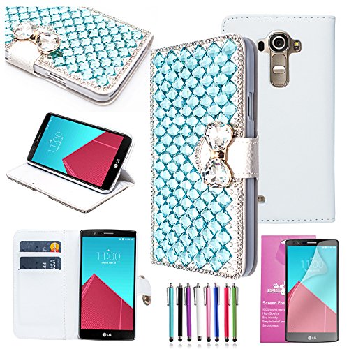 LG G4 Case, EpicGadget(TM) 3D Handmade Jewelry Bling Blue Diamante Bow Bowknot White Leather Wallet Case Cover For LG G4 + HD Clear LG G4 Screen Protector AND 1 x Random Color Stylus (US Seller!!)