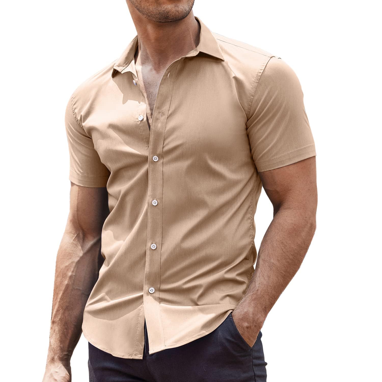 Photo 1 of M-COOFANDY Men's Muscle Fit Dress Shirts Wrinkle-Free Short Sleeve Casual Button Down Shirt Khaki