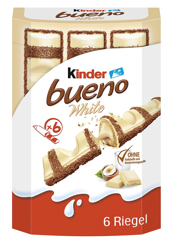 Kinder bueno White 6er – Waffel-Riegel mit weißer Schokolade, zarter Knusperhülle und cremiger Milch-Haselnuss-Füllung – Süßigkeiten für Karneval, Fasching – 117g