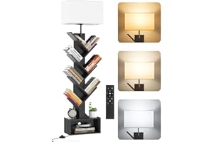 OUTONLIFE 6 Tier Tree Bookshelf with Light & Remote, Dimmable Tall Floor Standing Book Shelf, Narrow Wood Bookcase for Books/