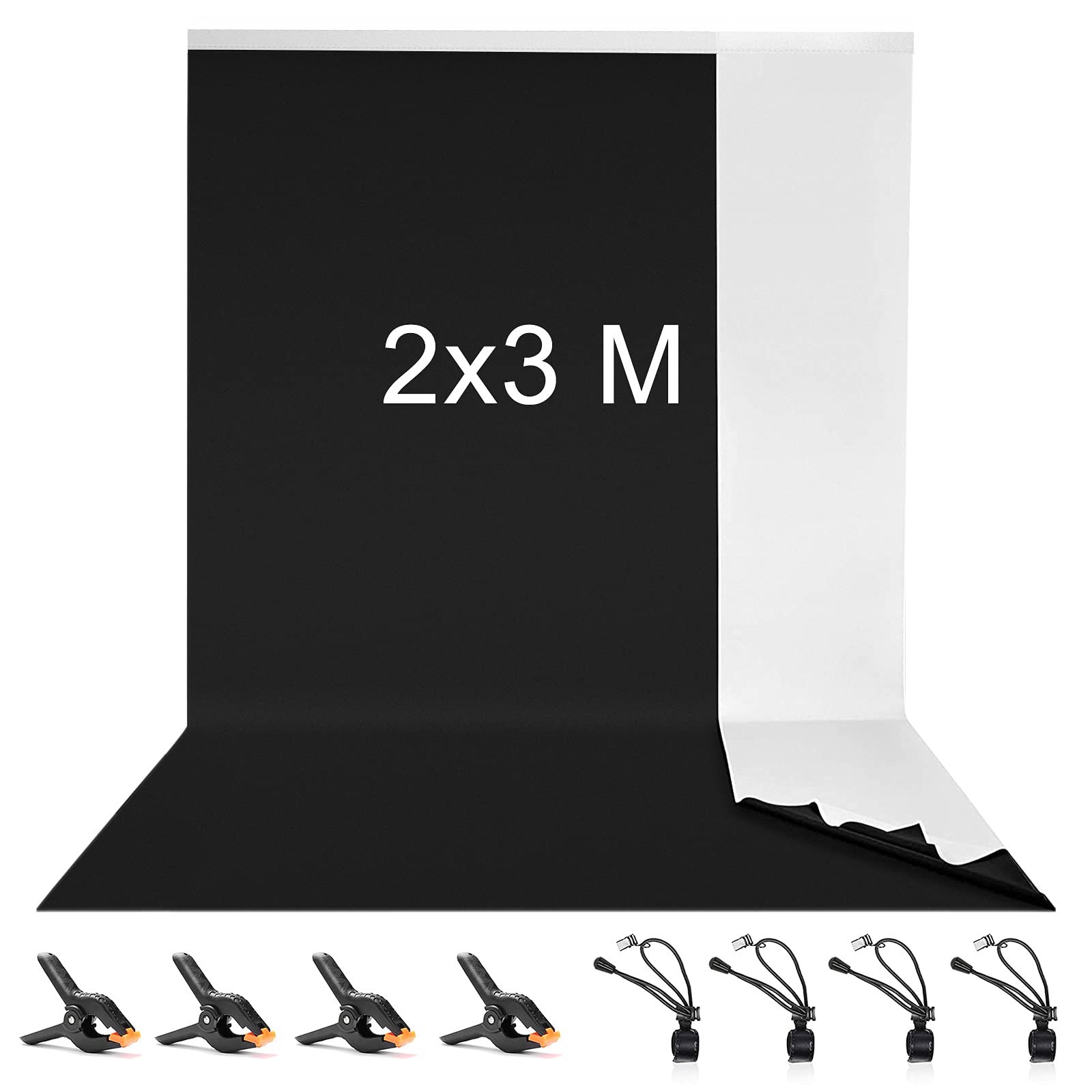 Black/White Double Sided Backdrop, Vevelux 2 x 3 M / 6.5 x 9.8 FT 100% Polyester 2 in 1 Black/White Background Screen with 4 Spring Clamps & 4 Backdrop Clip for Photo Video Studio Live Streaming — image 1